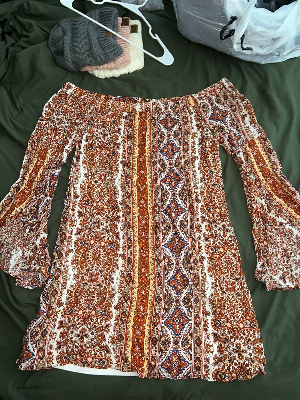 Rust Floral Off-Shoulder Long Sleeve Dress